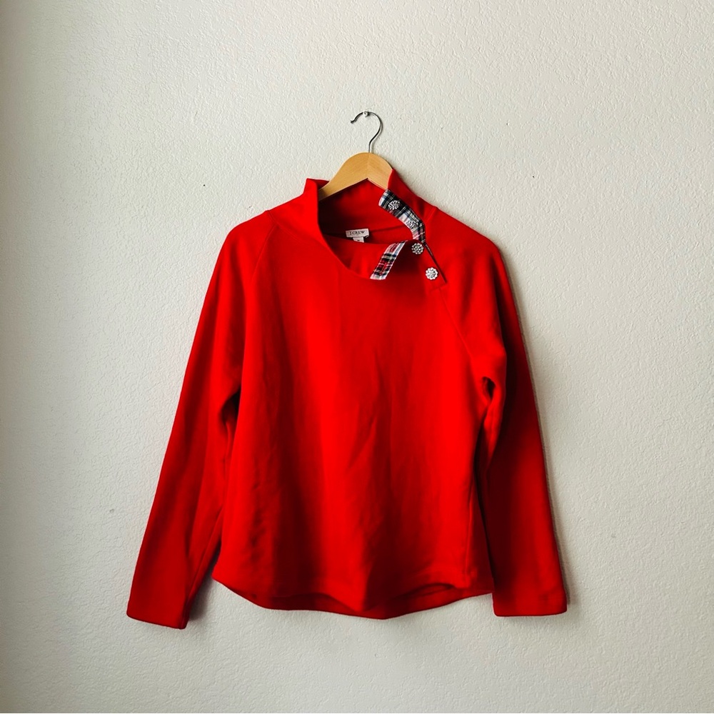 J. Crew Red Cowl Neck Sweater with Plaid Trim